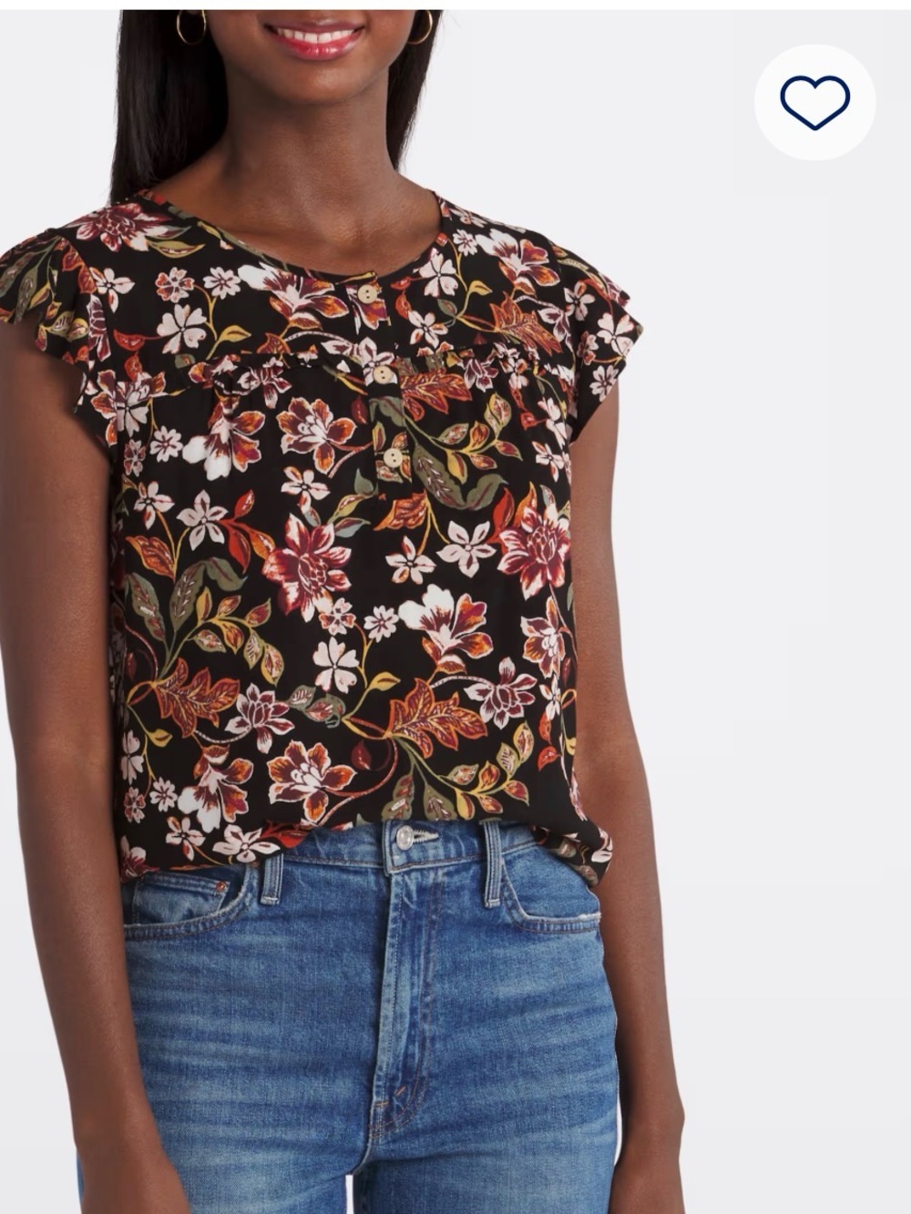 Fortune + Ivy Black Floral Button-Front Flutter Sleeve Blouse